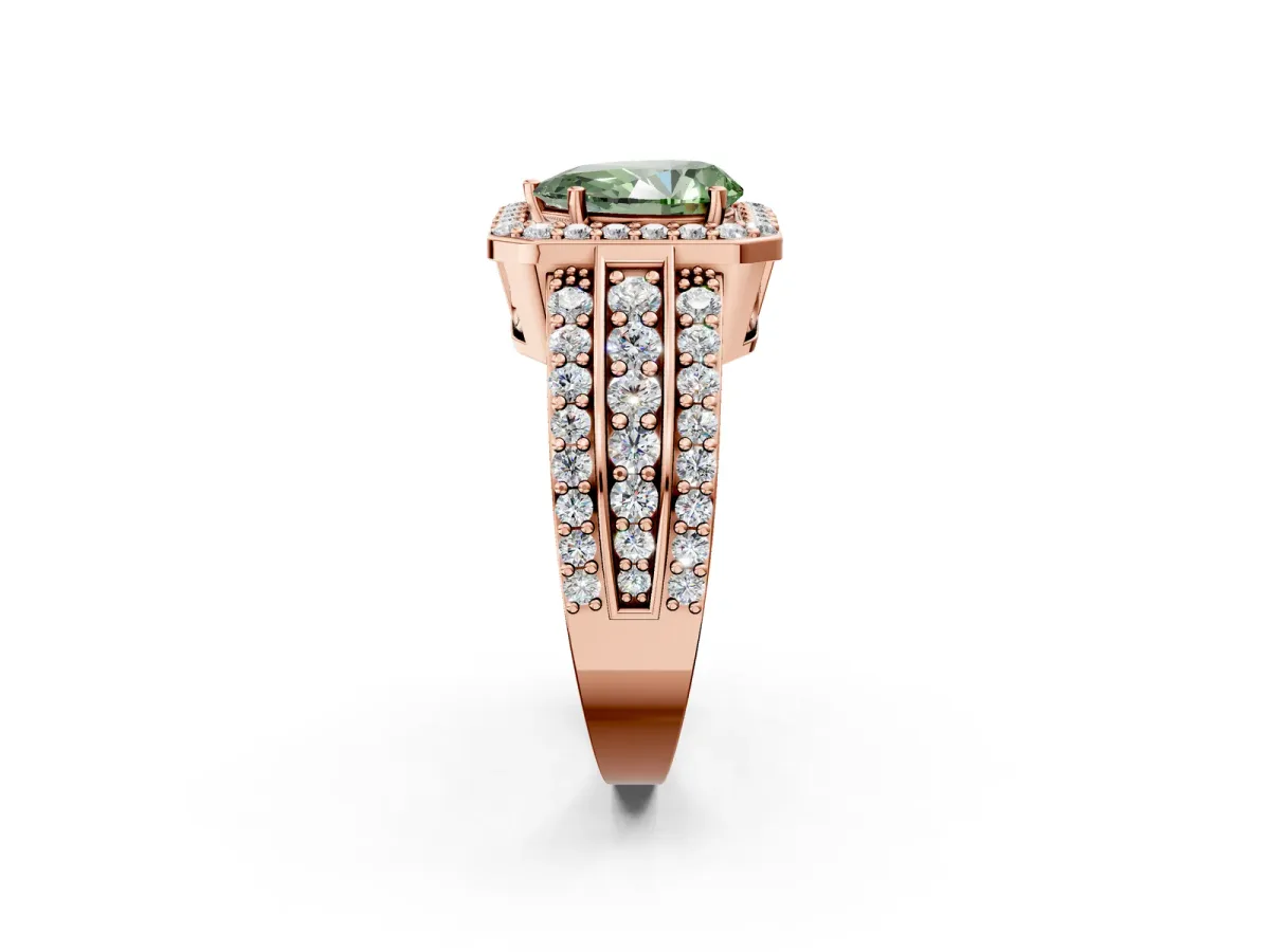 Fancy Green Pear Cut Halo Diamond Ring with Round Split Shank and Prong Setting Rose gold