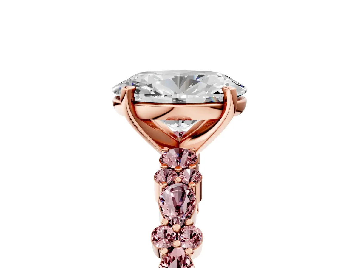 Oval Cut Diamond Side Stone Solitaire Ring with Round Morganite and Four-Prong Setting Rose gold