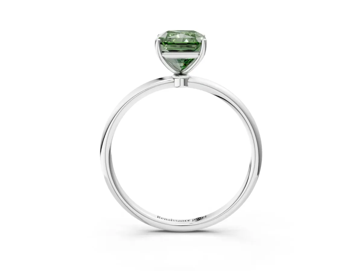 Fancy Green Radiant Cut Cut Solitaire Engagement Ring with Thin Band and Four-Prong Setting Platinum