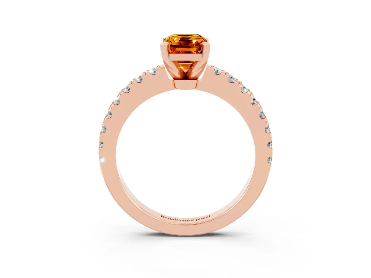 Emerald Cut Solitaire Citrine with Pavé Band and Four-Prong Setting Rose gold