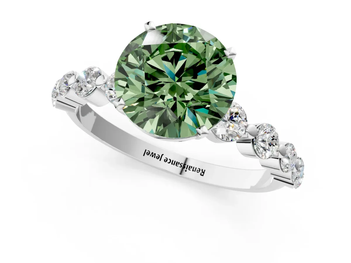 Fancy Green Round Cut Solitaire Diamond Ring with Pave Band and Four-Prong Setting Platinum