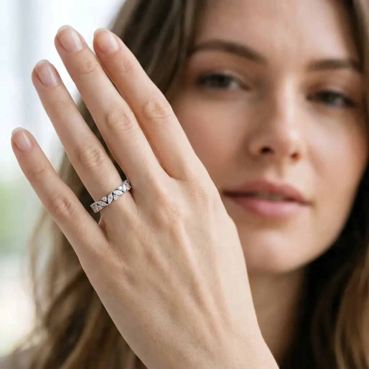 Marquise and Round Diamond Vine Eternity Band with Prong Setting Silver