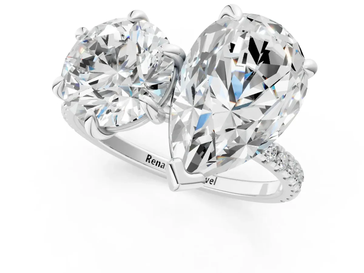 Round and Pear Toi Moi Ring with Prong Setting and Micro Pave Band Platinum