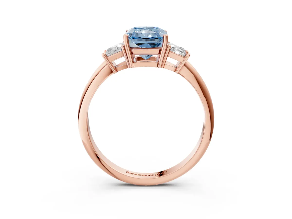 Fancy Blue Radiant Cut Diamond Three-Stone Ring with Trapezoid Side Stones and Prong Setting Rose gold