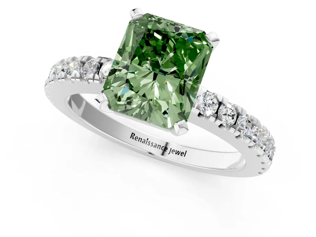 Fancy Green Radiant Cut Solitaire Diamond with Pavé Band and Four-Prong Setting Silver