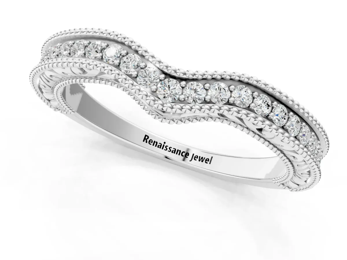 Pave Round Diamond Curved Milgrain Band Silver
