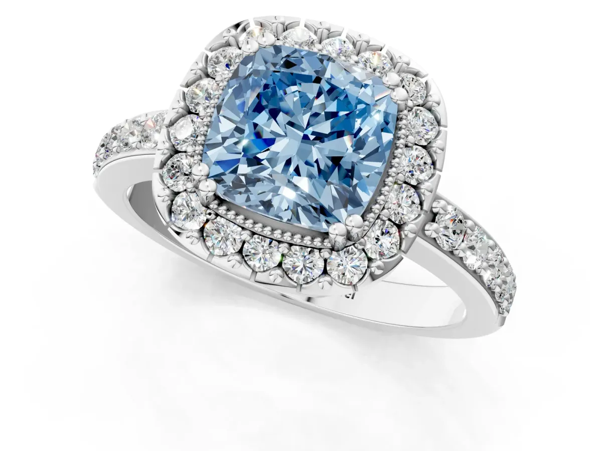 Fancy Blue Cushion Cut Diamond Halo Ring with Pavé Band and Prong Setting Silver