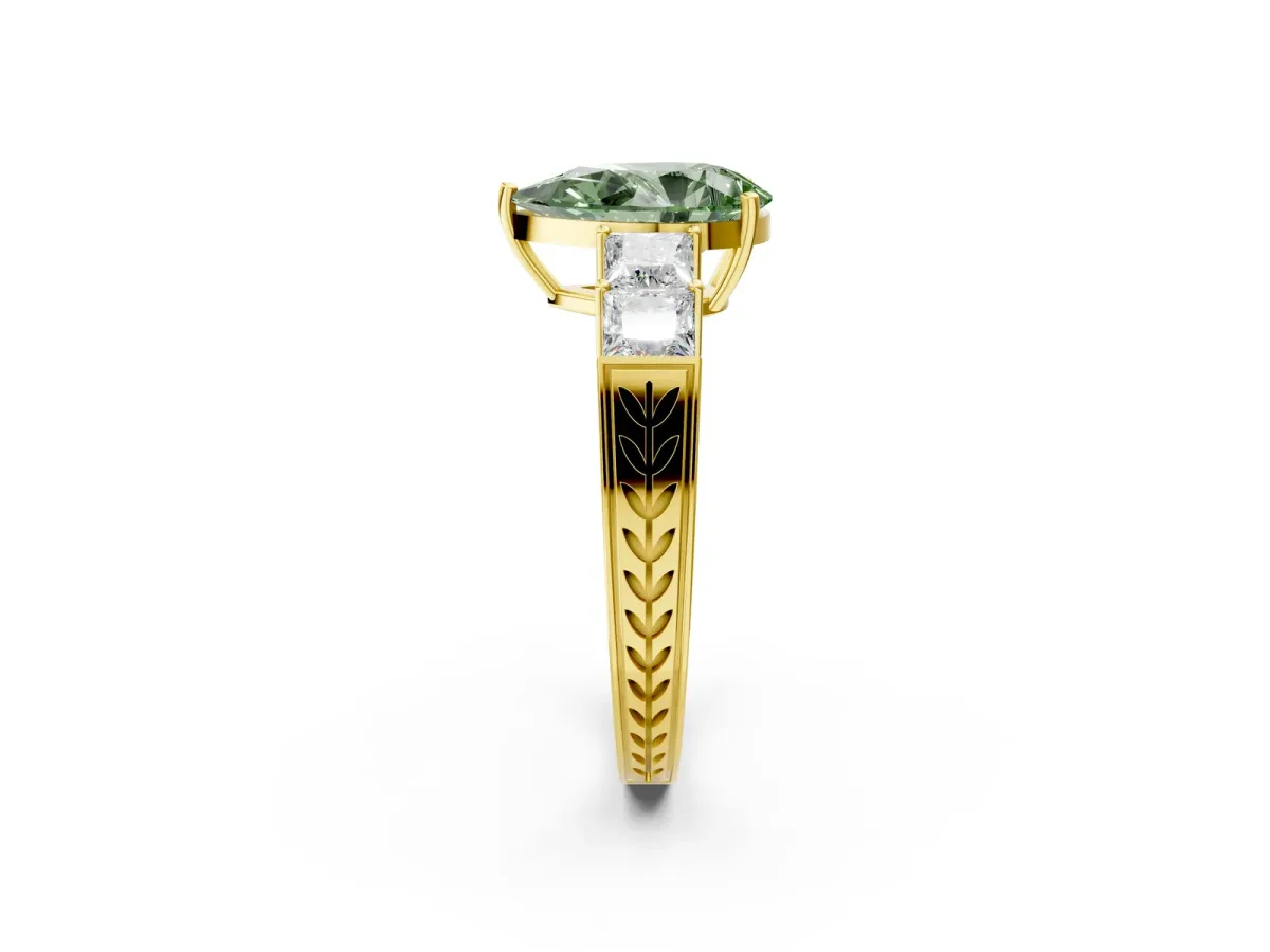 Fancy Green Pear Cut Solitaire Princess Side Stone Engraved Band Prong Setting Ring Yellow gold