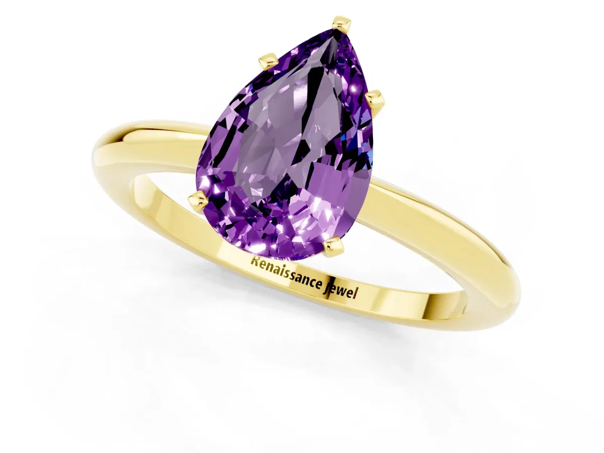 Pear Cut Amethyst Solitaire Ring with Six-Prong Setting and Classic Band Yellow gold