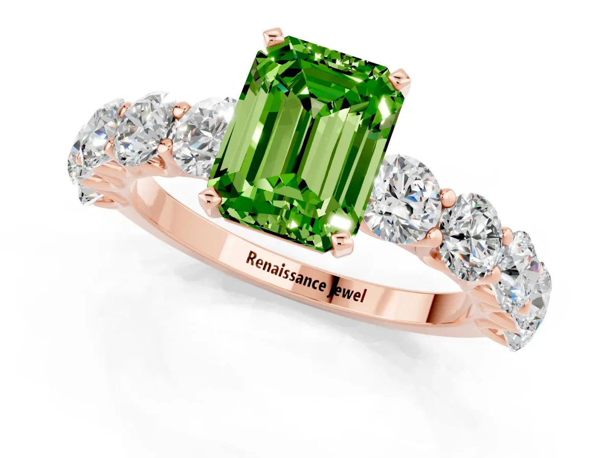 Emerald Cut Peridot Prong Setting with Side Stones on a Pave Band Rose gold