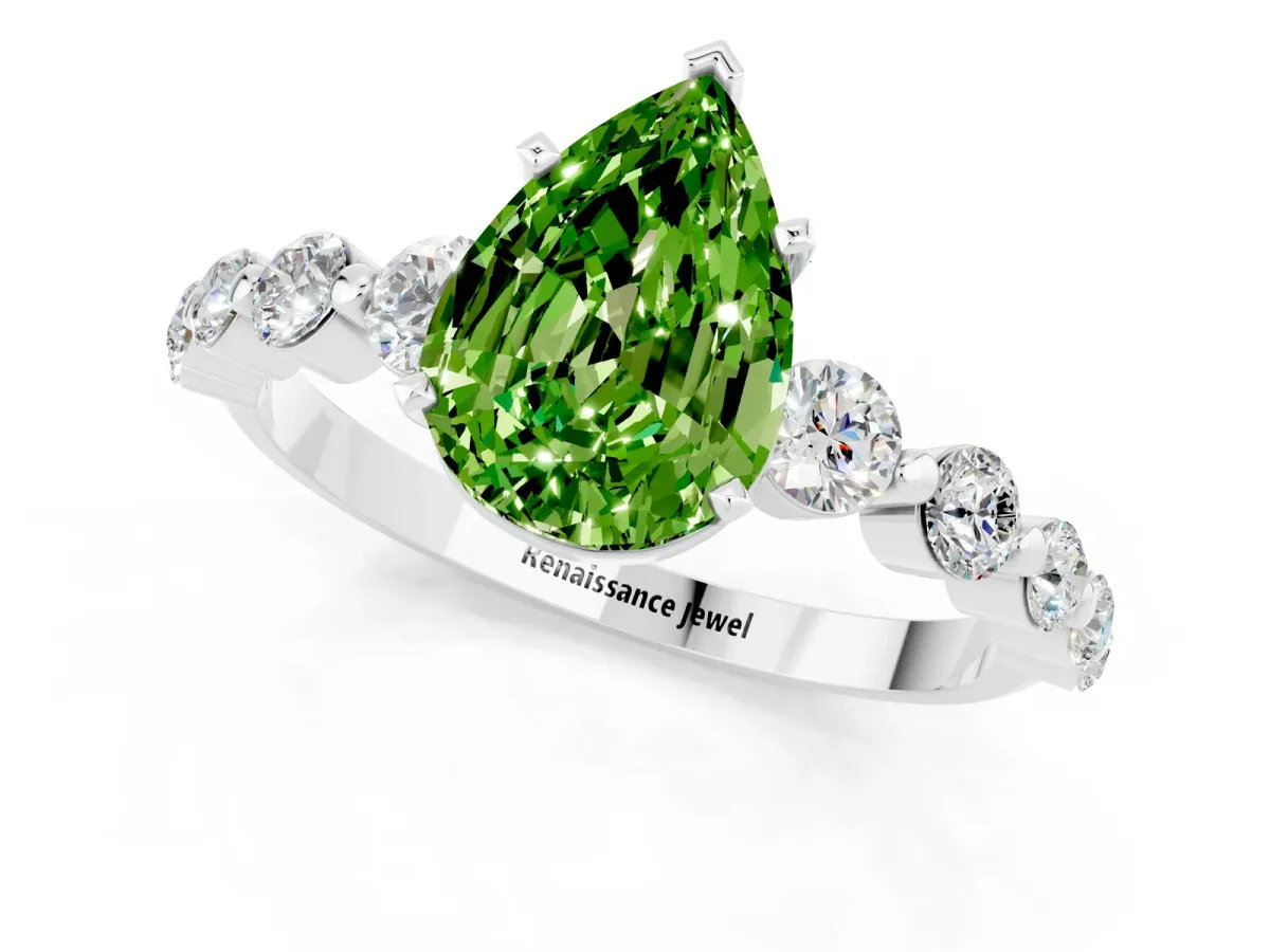 Pear Cut Solitaire Peridot Ring with Pave Band and Four-Prong Setting Platinum