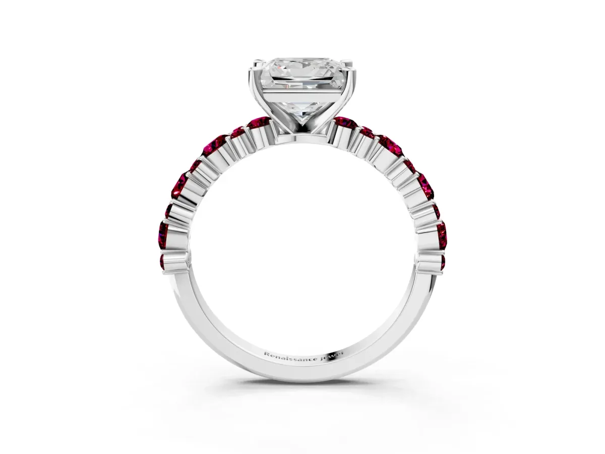 Princess Cut Diamond Side Stone Solitaire Ring with Round Garnet and Four-Prong Setting Platinum