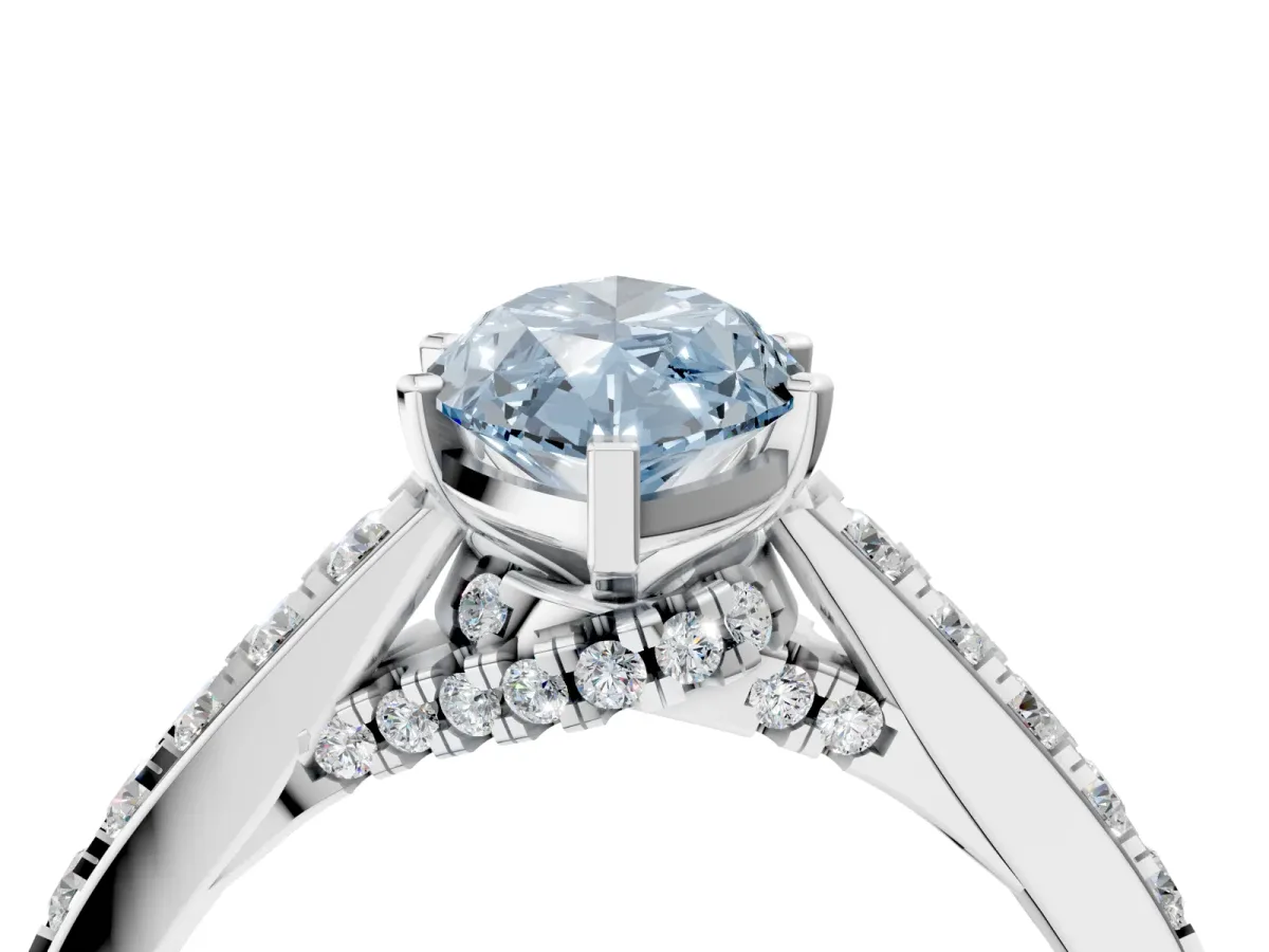 Fancy Blue Marquise Cut Diamond Solitaire Ring with Crossover Gallery and Round Pavé Band Silver