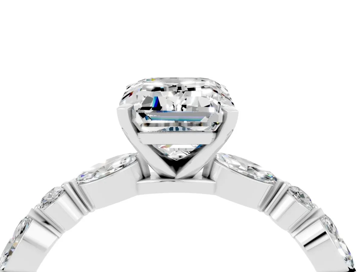 Emerald Cut Moissanite Ring with Marquise and Round Side Stones and Four-Prong Setting Silver
