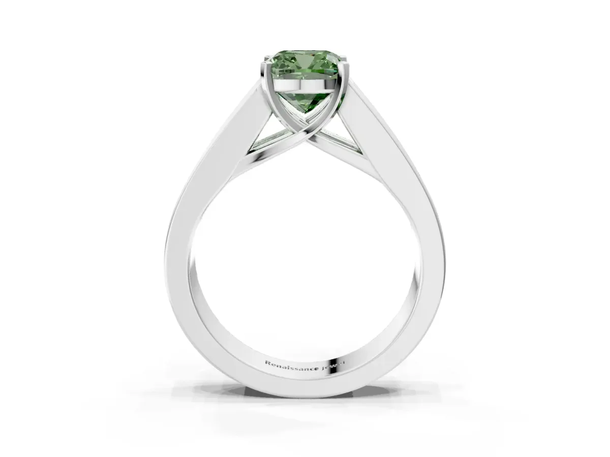 Fancy Green Cushion Cut Cut Channel Set Solitaire Ring with Four-Prong Setting Silver
