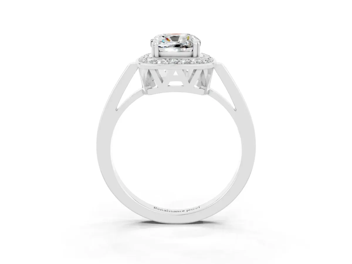 Cushion Cut Moissanite Halo Ring with Split Shank and Four-Prong Setting White gold