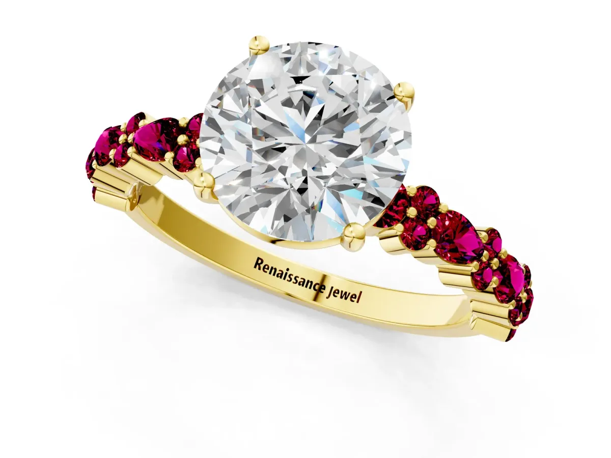 Round Cut Diamond Side Stone Solitaire Ring with Round Garnet and Four-Prong Setting Yellow gold