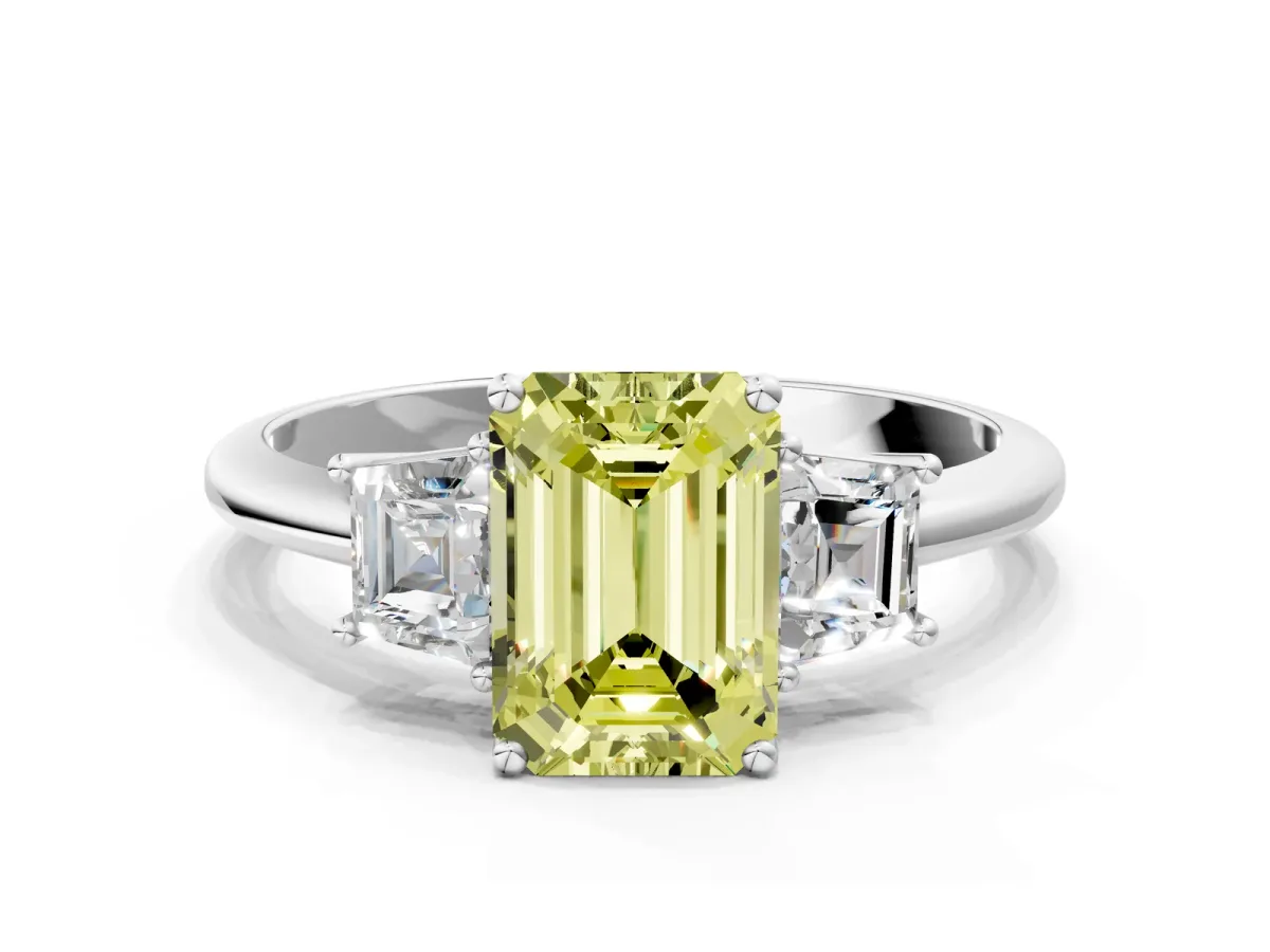 Fancy Yellow Emerald Cut Diamond Three-Stone Ring with Trapezoid Side Stones and Prong Setting Platinum