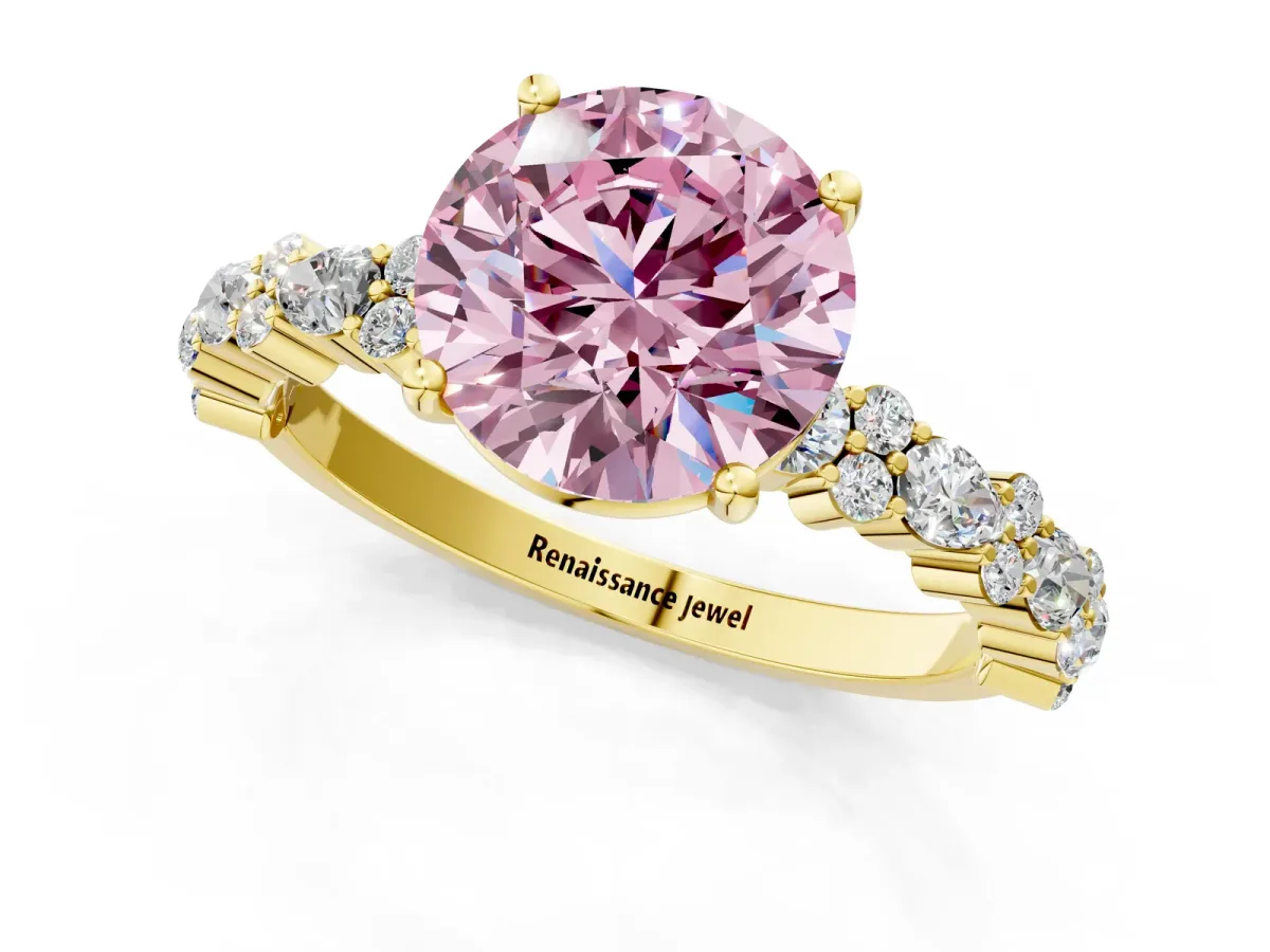 Fancy Pink Round Cut Diamond Side Stone Solitaire Ring with Round and Four-Prong Setting Yellow gold