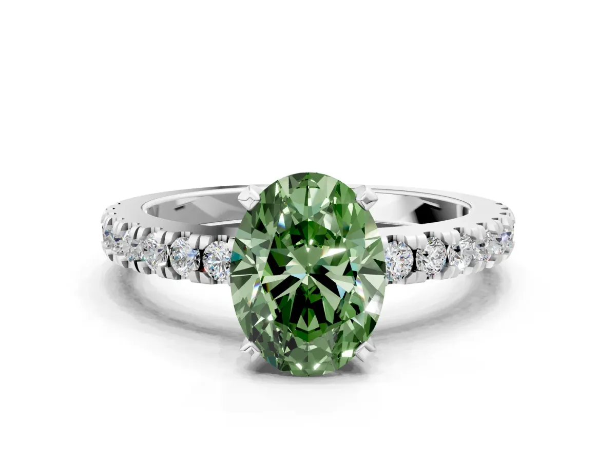 Fancy Green Oval Cut Solitaire Diamond with Pavé Band and Four-Prong Setting Silver
