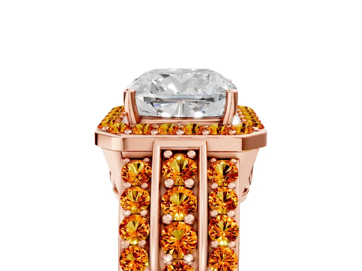 Cushion Cut Halo Diamond Ring with Round Citrine Split Shank and Prong Setting Rose gold