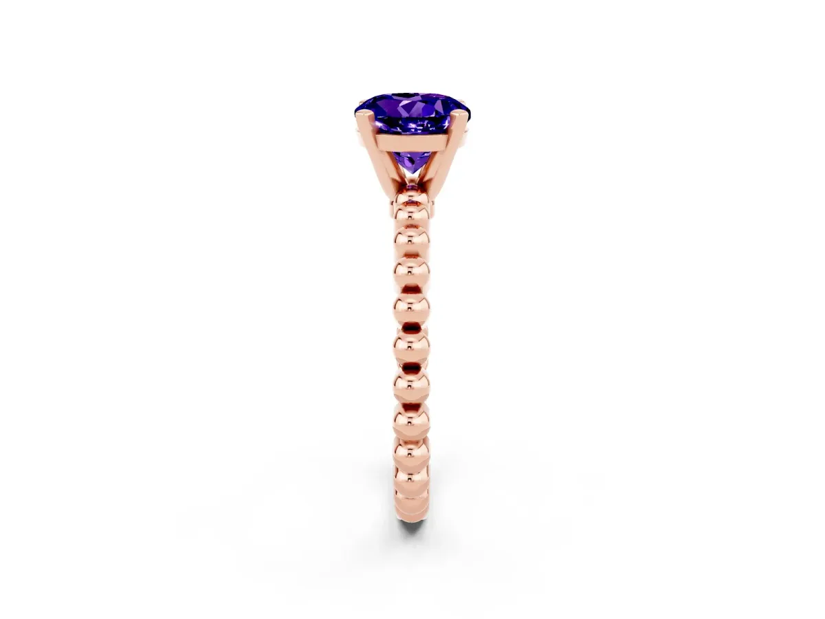 Round Cut Tanzanite Solitaire Ring with Beaded Band and Prong Setting Rose gold