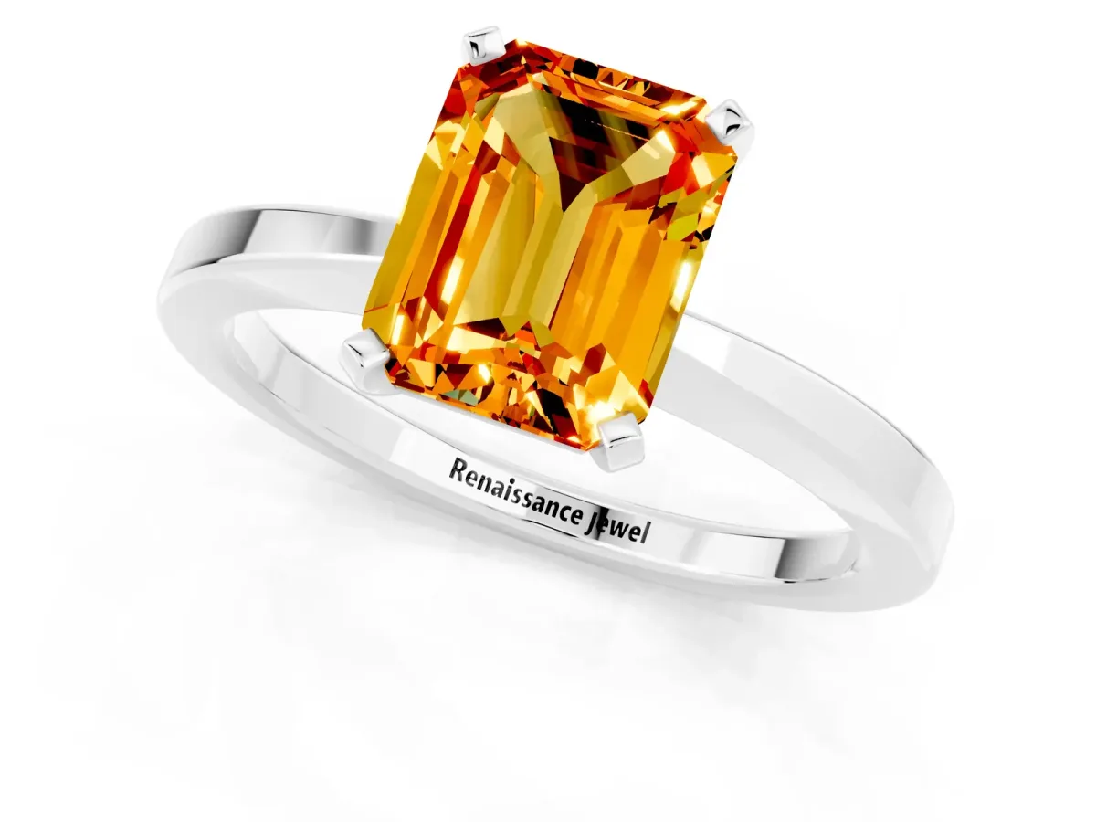 Emerald Cut Citrine Solitaire Engagement Ring with Classic Band and Four-Prong Setting Silver