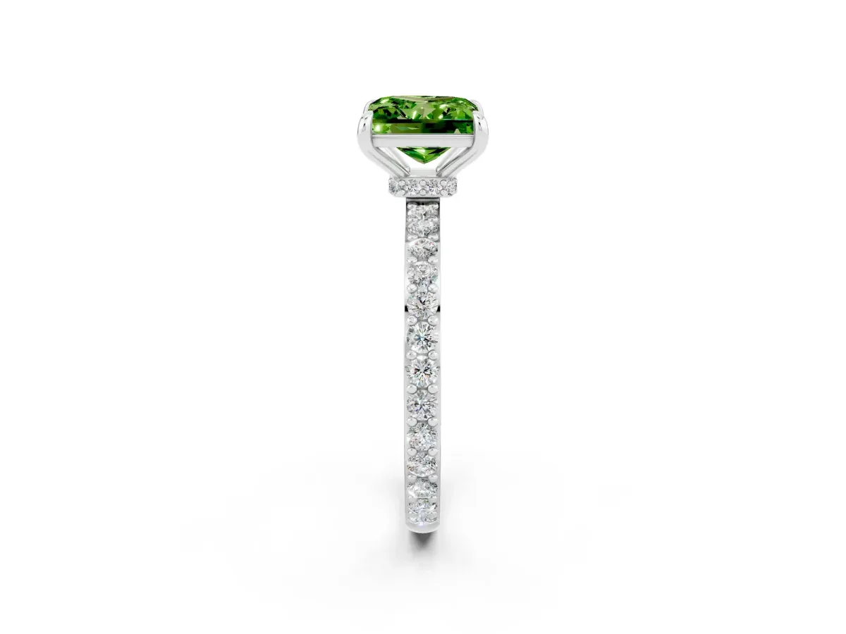 Princess Cut Peridot Solitaire Engagement Ring with Pavé Band and Four-Prong Setting Silver