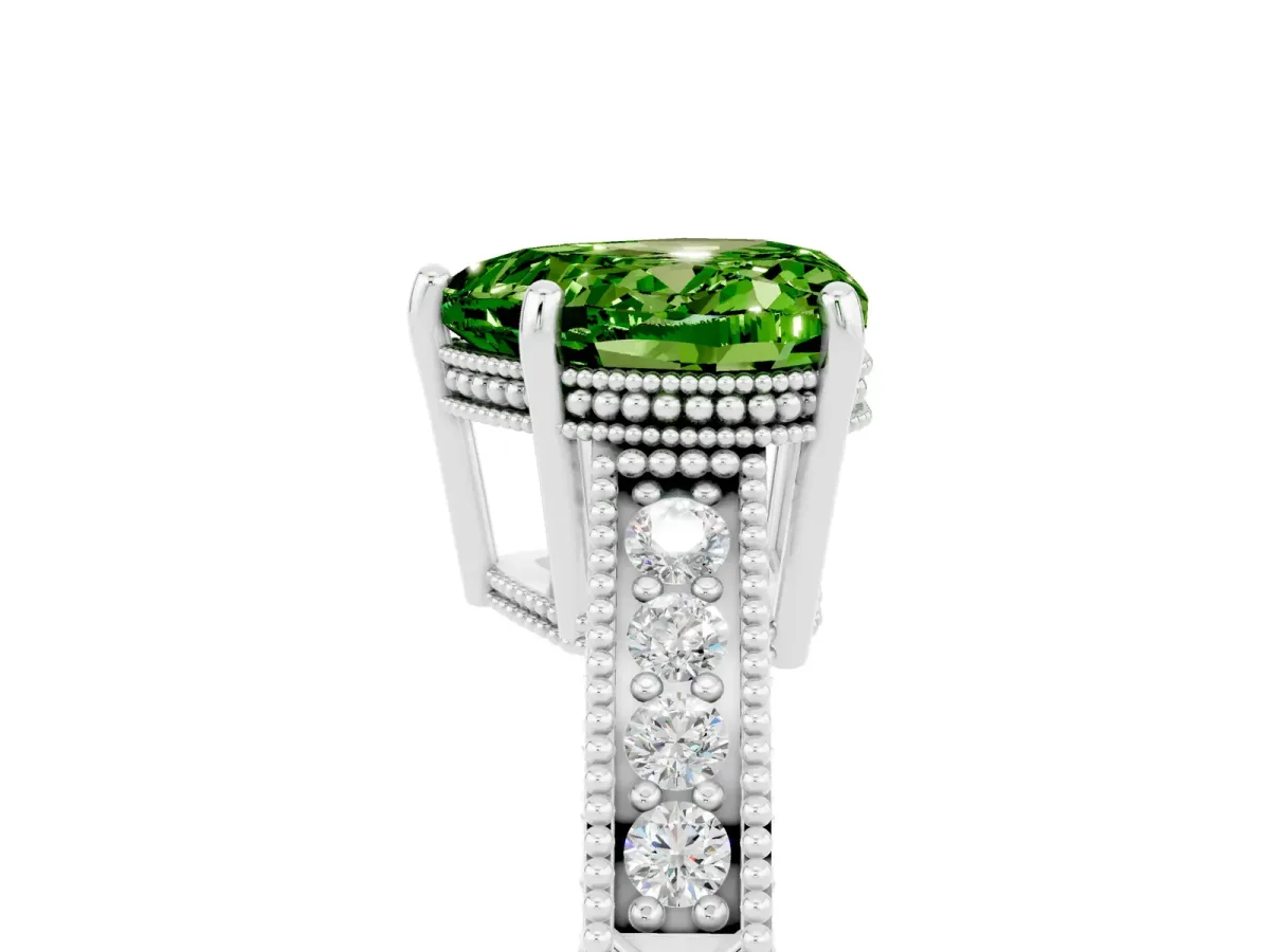 Heart Cut Peridot Ring with Milgrain Pavé Band and Four-Prong Setting Platinum