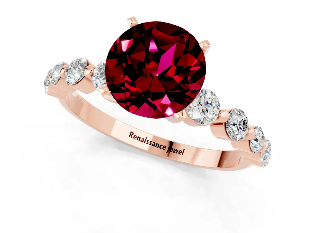 Round Cut Solitaire Garnet Ring with Pave Band and Four-Prong Setting Rose gold