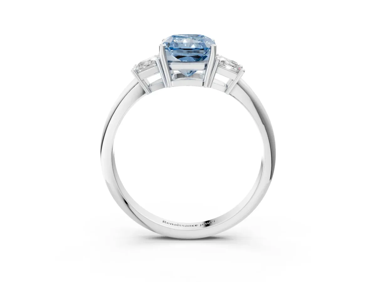 Fancy Blue Radiant Cut Diamond Three-Stone Ring with Trapezoid Side Stones and Prong Setting Platinum