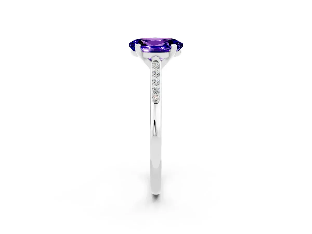 Oval Cut Tanzanite Solitaire Ring with Channel Set Round Band and Prong Setting Silver