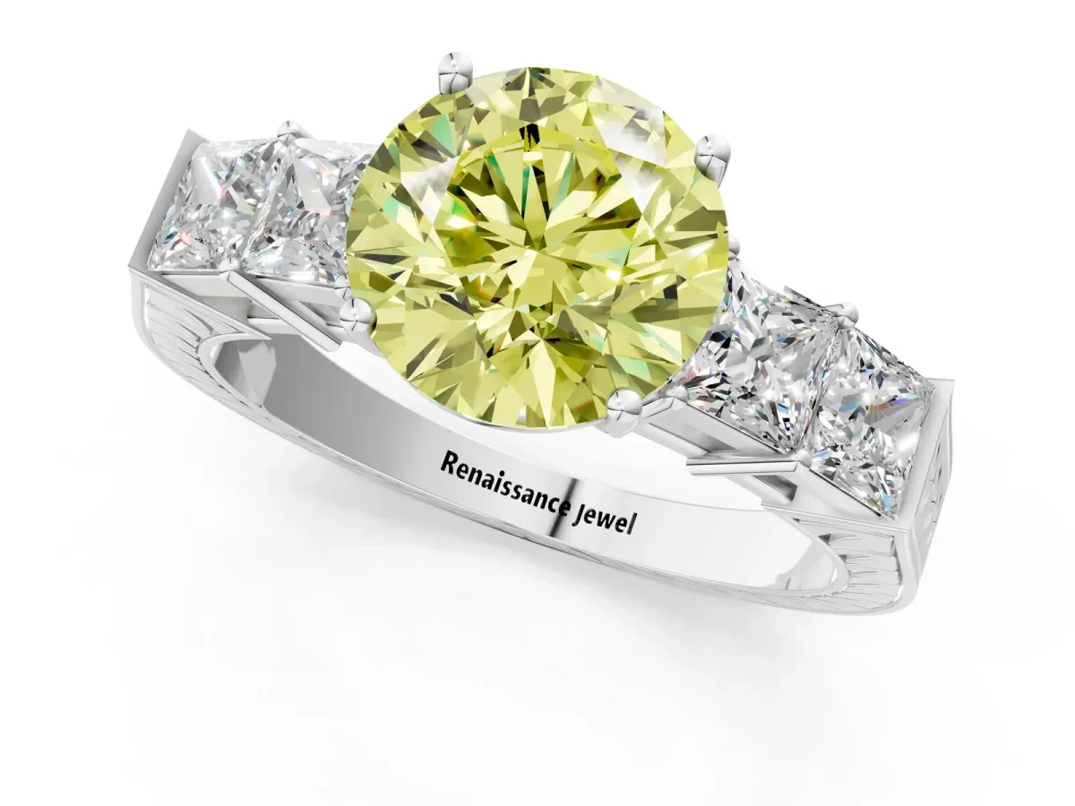 Fancy Yellow Round Cut Solitaire Princess Side Stone Engraved Band Prong Setting Ring Platinum