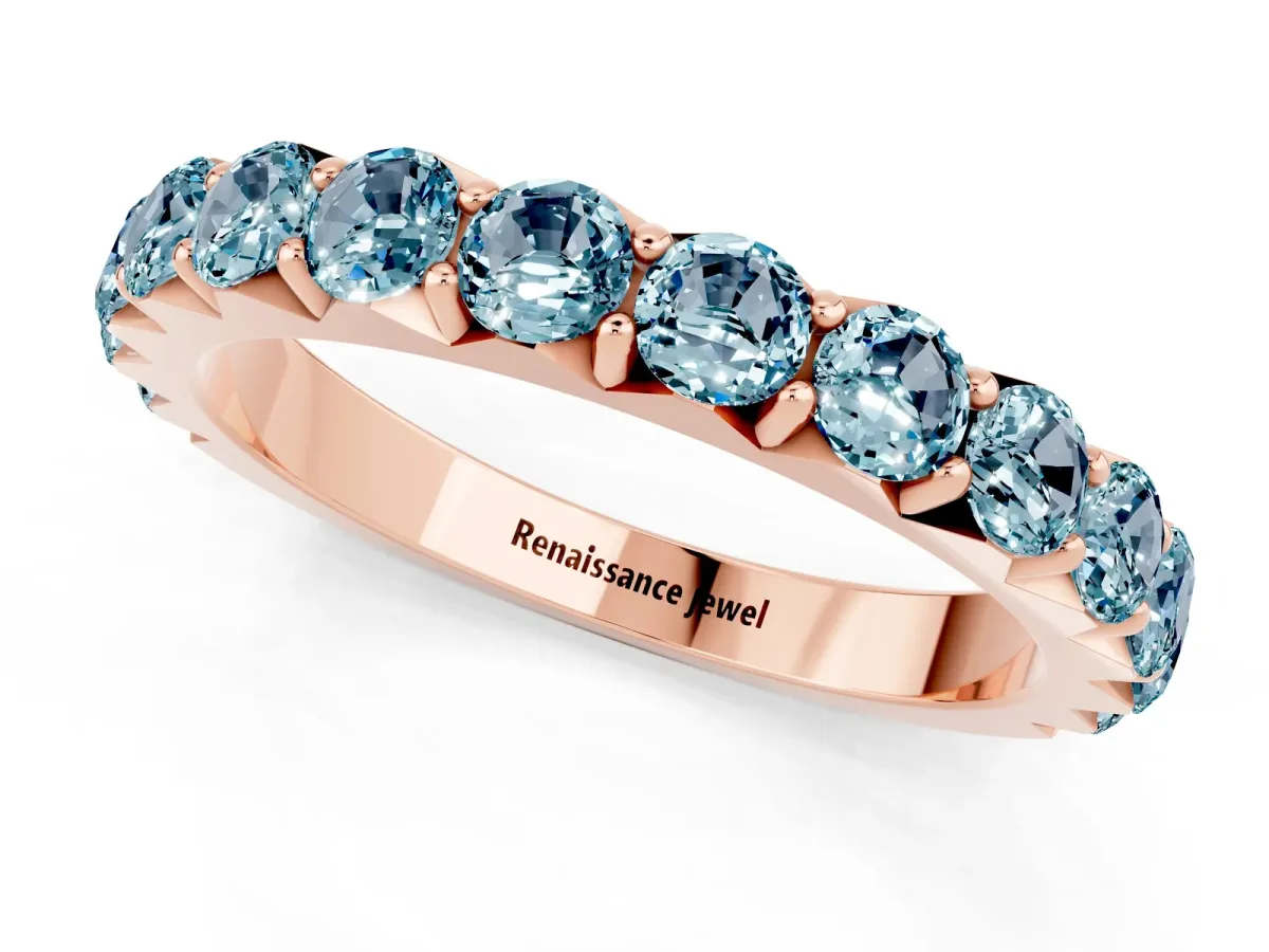 Round Aquamarine Half Eternity Band with Classic Prong Setting Rose gold