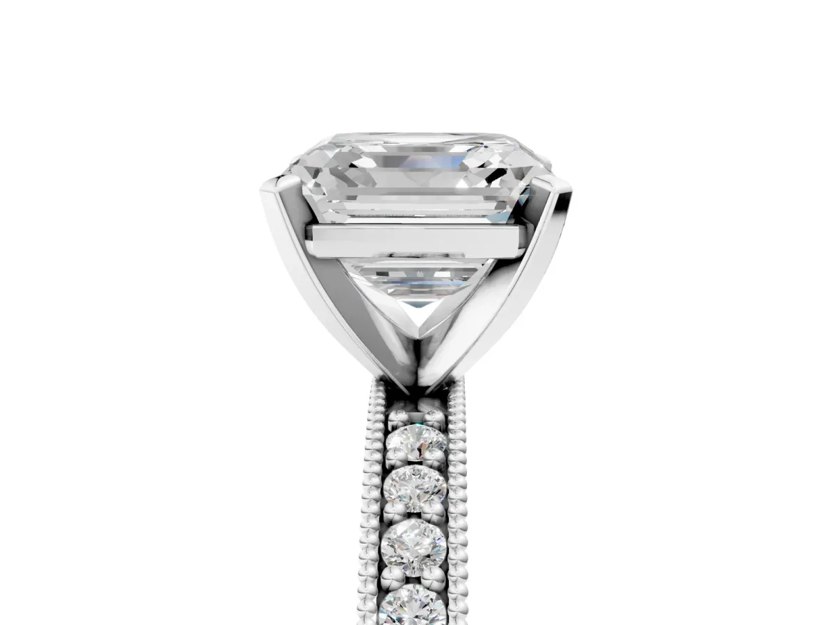 Asscher Cut Diamond Milgrain Pavé Engagement Ring with Four-Prong Setting Platinum