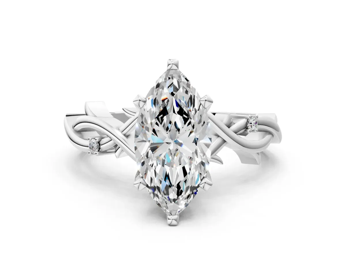 Marquise Cut Diamond Solitaire Ring with Twisted Band and Prong Setting Silver