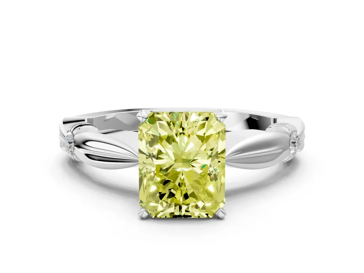 Fancy Yellow Radiant Cut Solitaire Diamond Twisted Band with Four-Prong Setting Platinum