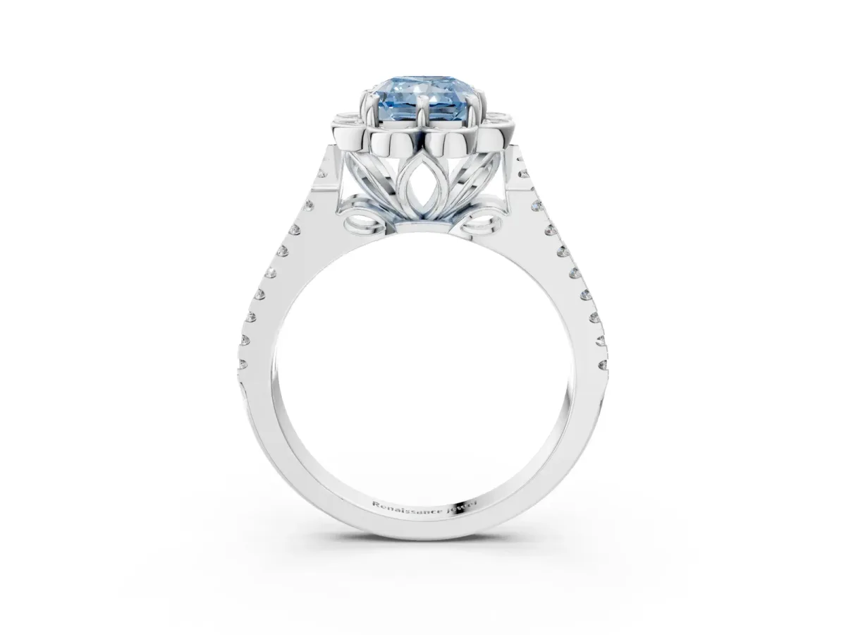 Fancy Blue Radiant Cut Halo Diamond Floral Split Shank Engagement Ring Platinum