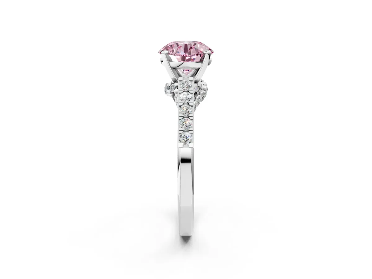 Fancy Pink Round Cut Diamond Solitaire Ring with Crossover Gallery and Round Pavé Band Silver