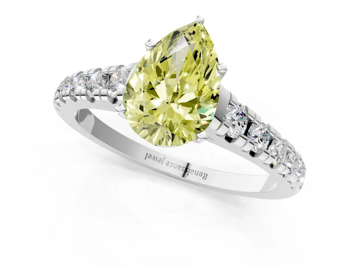 Fancy Yellow Pear Cut Diamond Cathedral Solitaire Ring with Round Pavé Band Silver