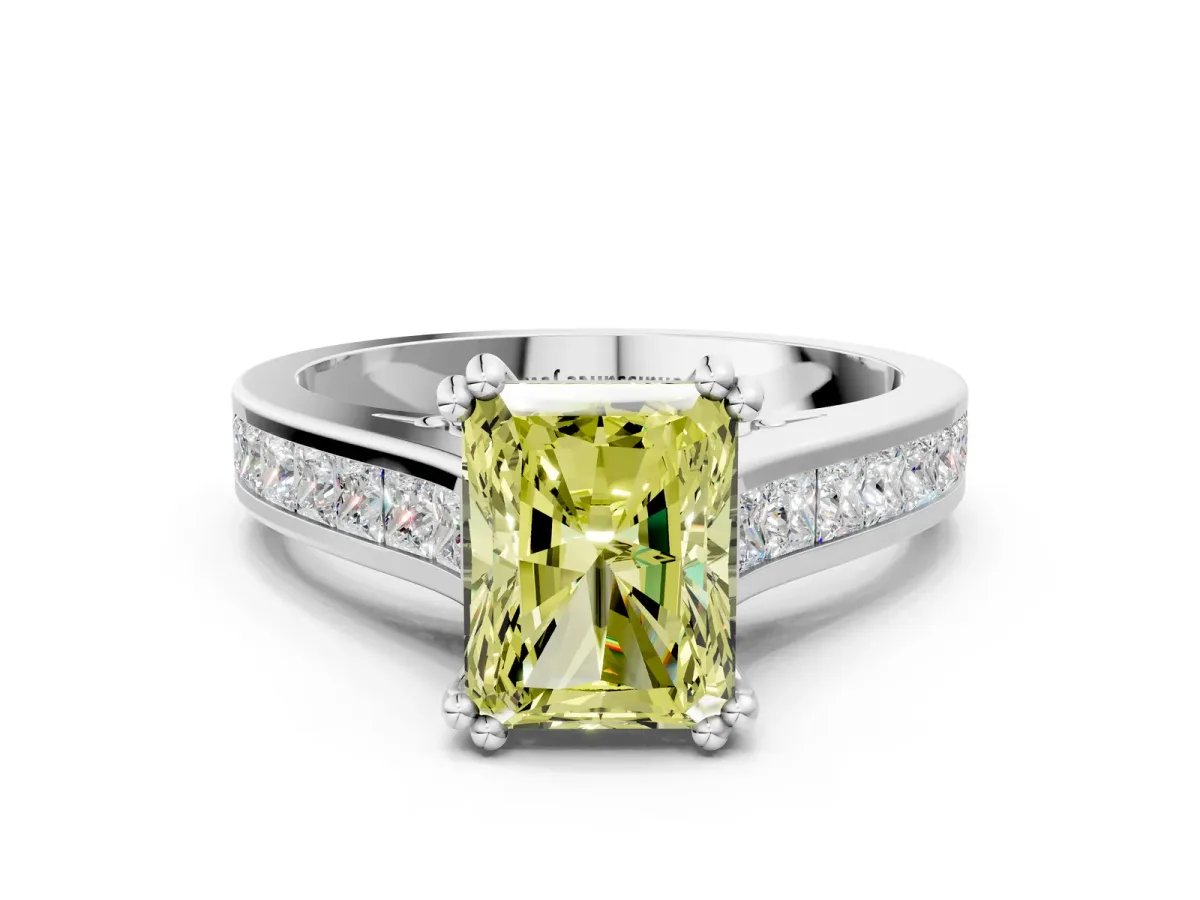 Fancy Yellow Radiant Cut Cut Channel Set Solitaire Engagement Ring with Prong Setting Platinum