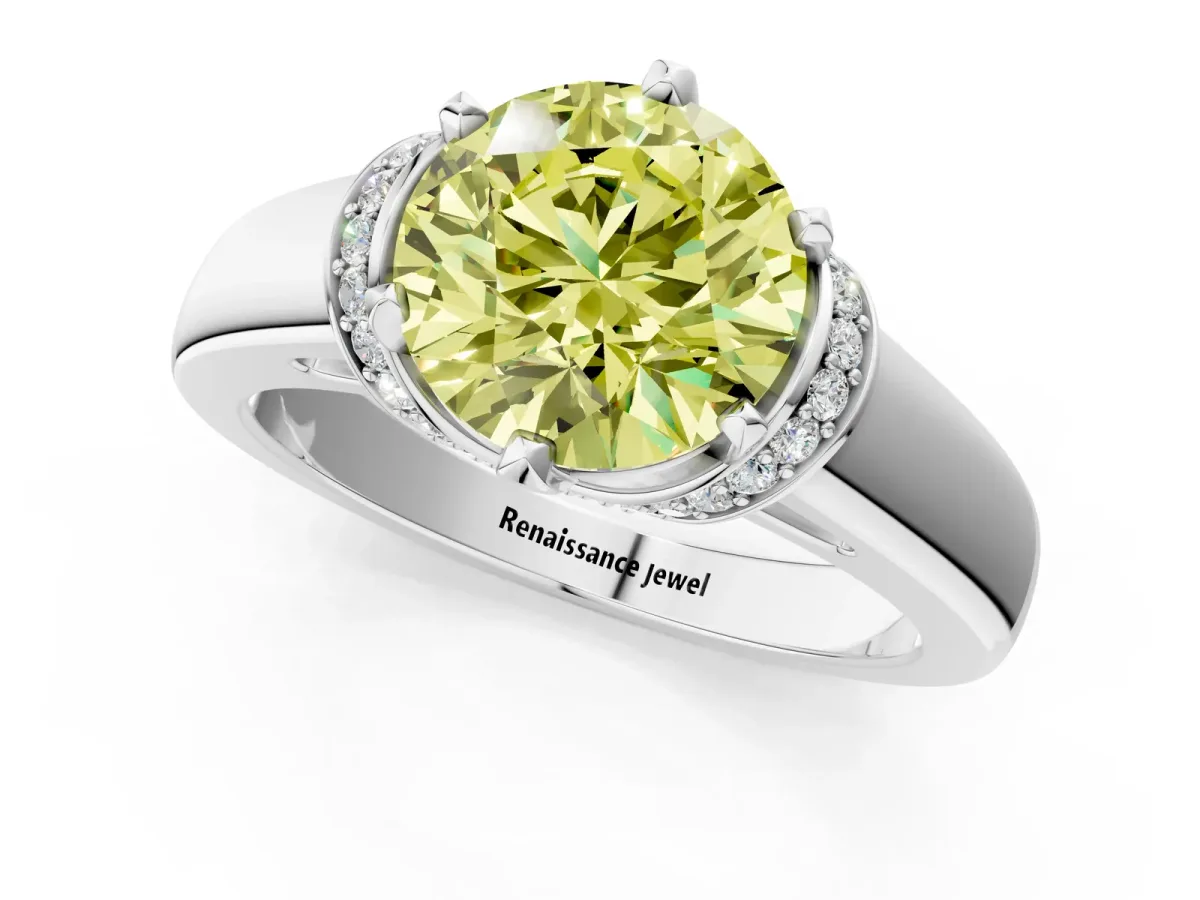 Fancy Yellow Round Cut Solitaire Diamond Ring with Pave Band and Six-Prong Setting Silver