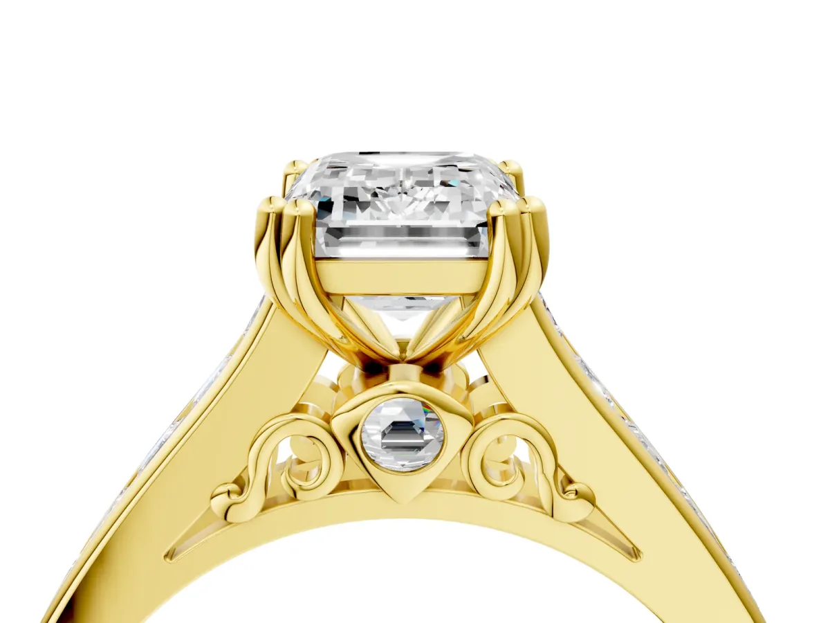 Emerald Cut Cut Channel Set Solitaire Engagement Ring with Prong Setting Yellow gold
