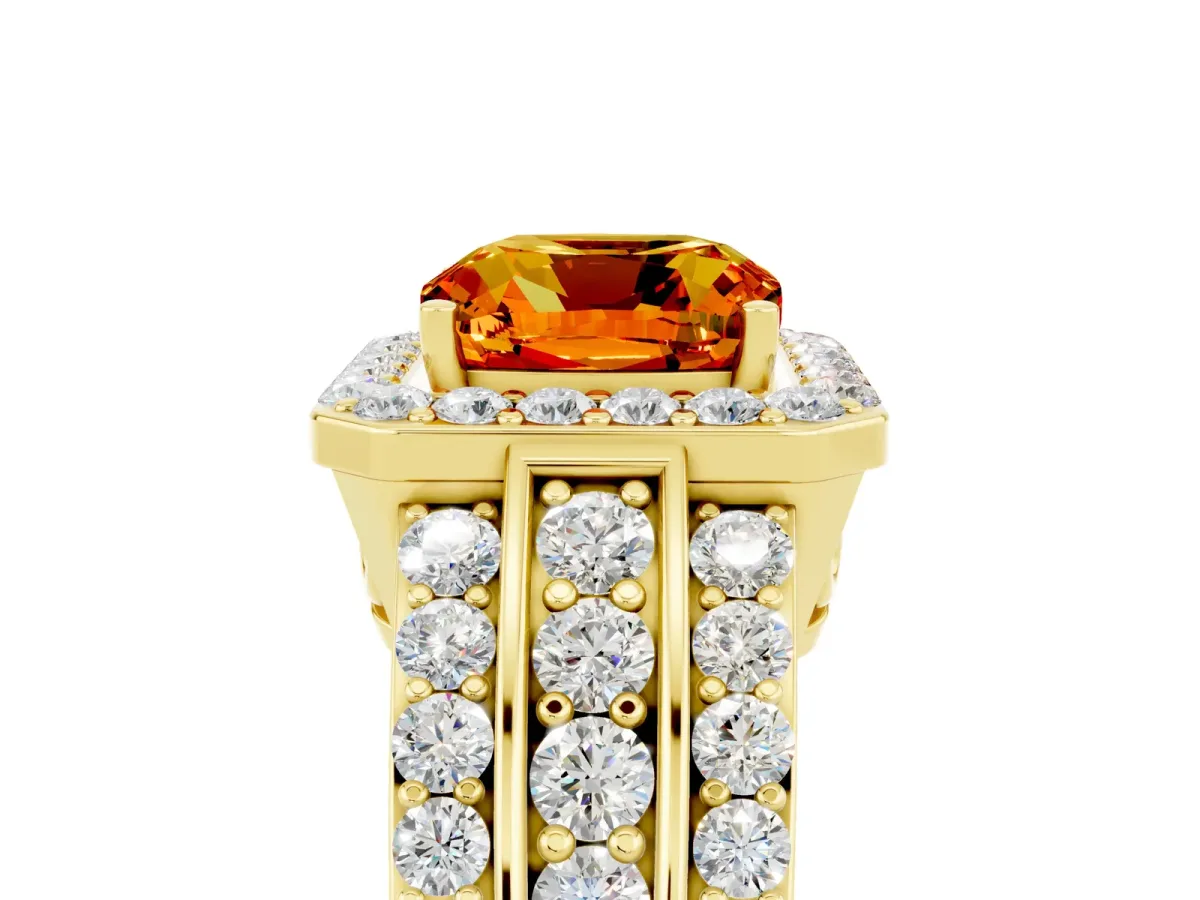 Cushion Cut Halo Citrine Ring with Round Split Shank and Prong Setting Yellow gold