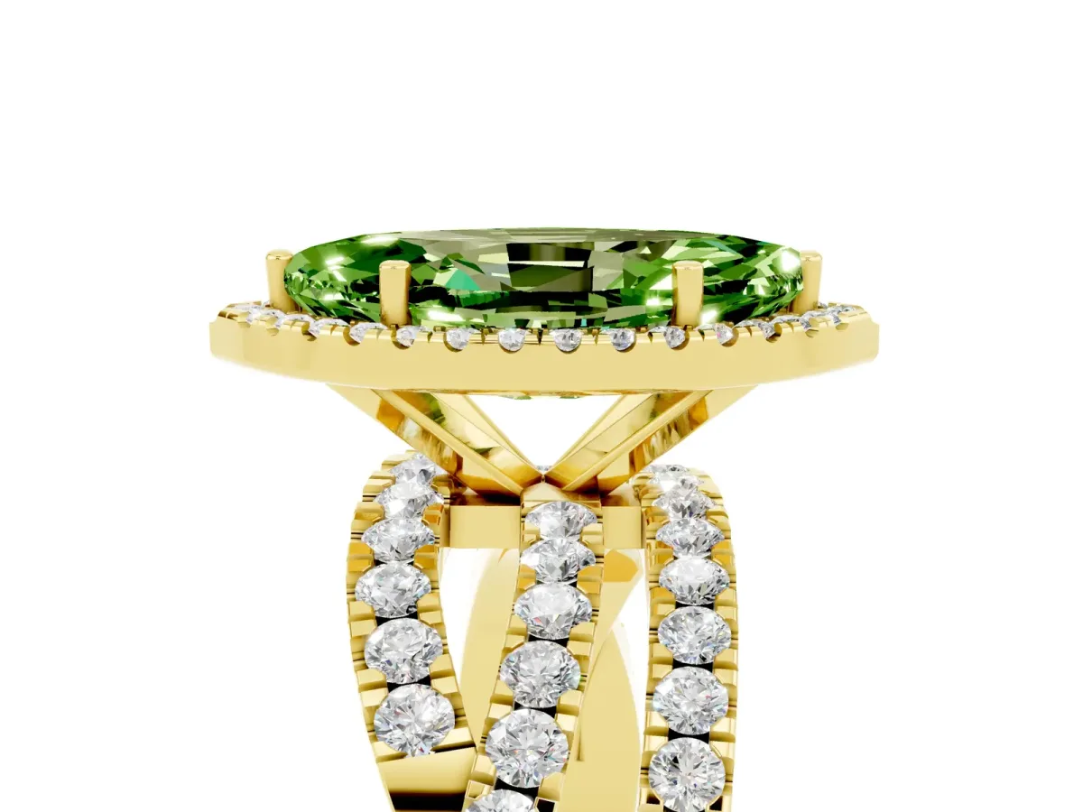 Marquise Cut Peridot Halo Ring with Round Split Shank and Prong Setting Yellow gold