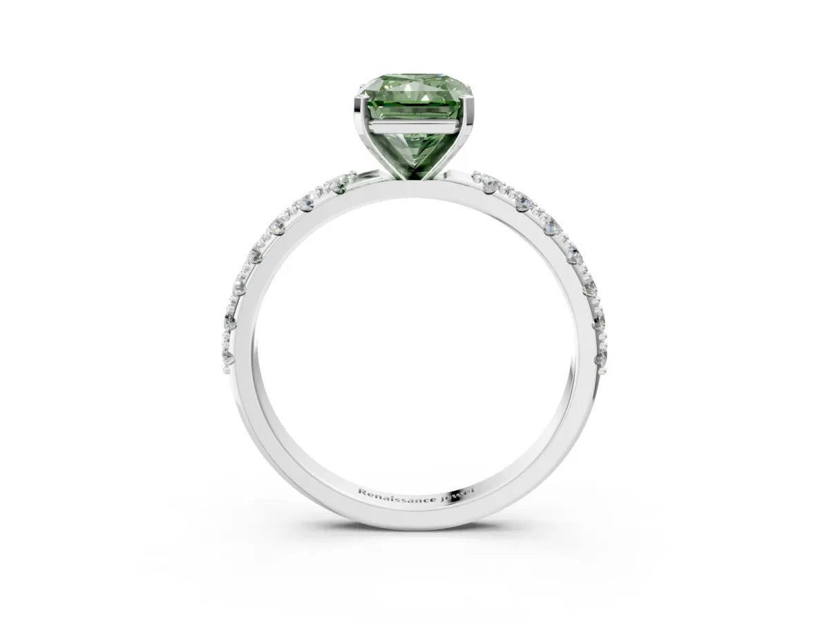 Fancy Green Radiant Cut Diamond Solitaire Pavé Band with Four-Prong Setting Silver