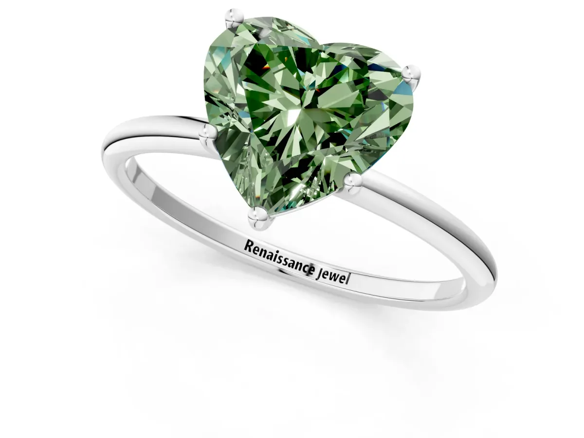 Fancy Green Heart Cut Cut Solitaire Engagement Ring with Thin Band and Four-Prong Setting Platinum