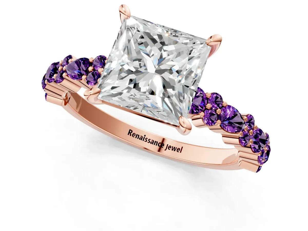 Princess Cut Diamond Side Stone Solitaire Ring with Round Amethyst and Four-Prong Setting Rose gold