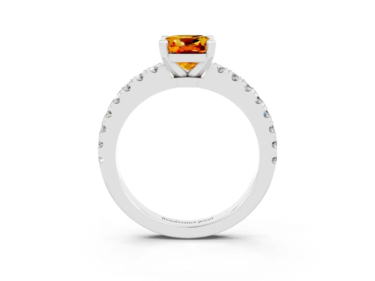 Cushion Cut Solitaire Citrine with Pavé Band and Four-Prong Setting Silver