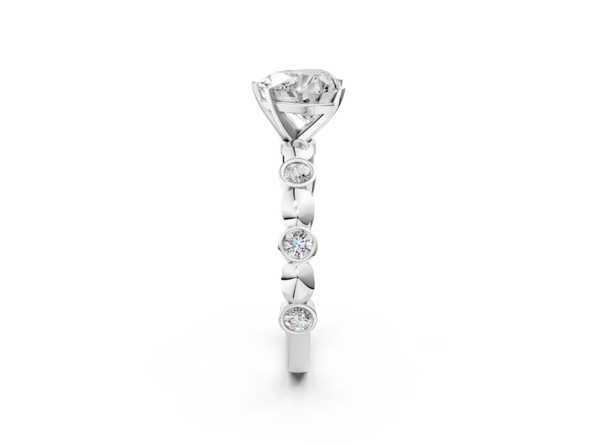 Heart Cut Solitaire Bezel-Set Diamond Ring with Beaded Band and Four-Prong Setting Silver